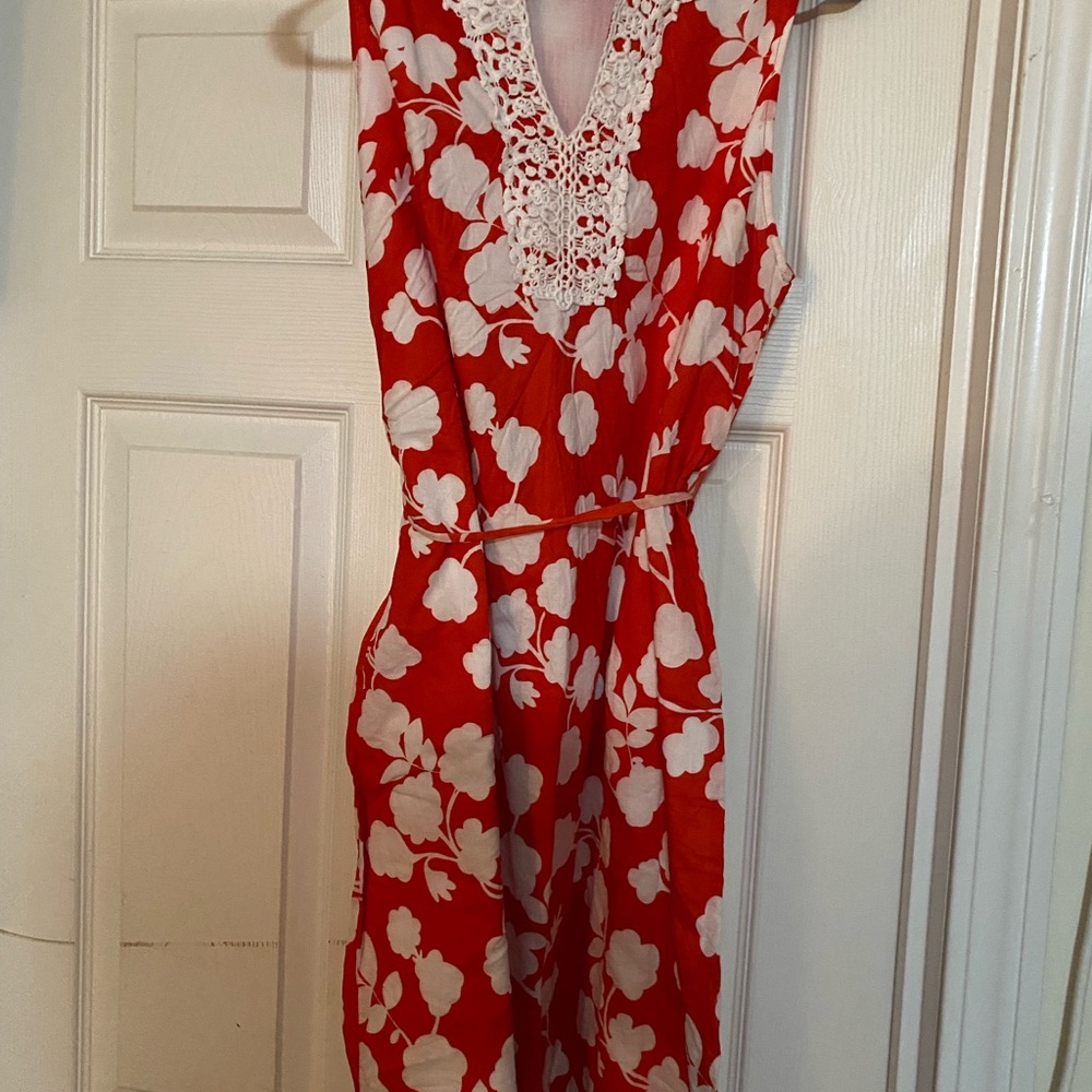 Mud Pie Red Floral Midi Dress with White Lace Detail